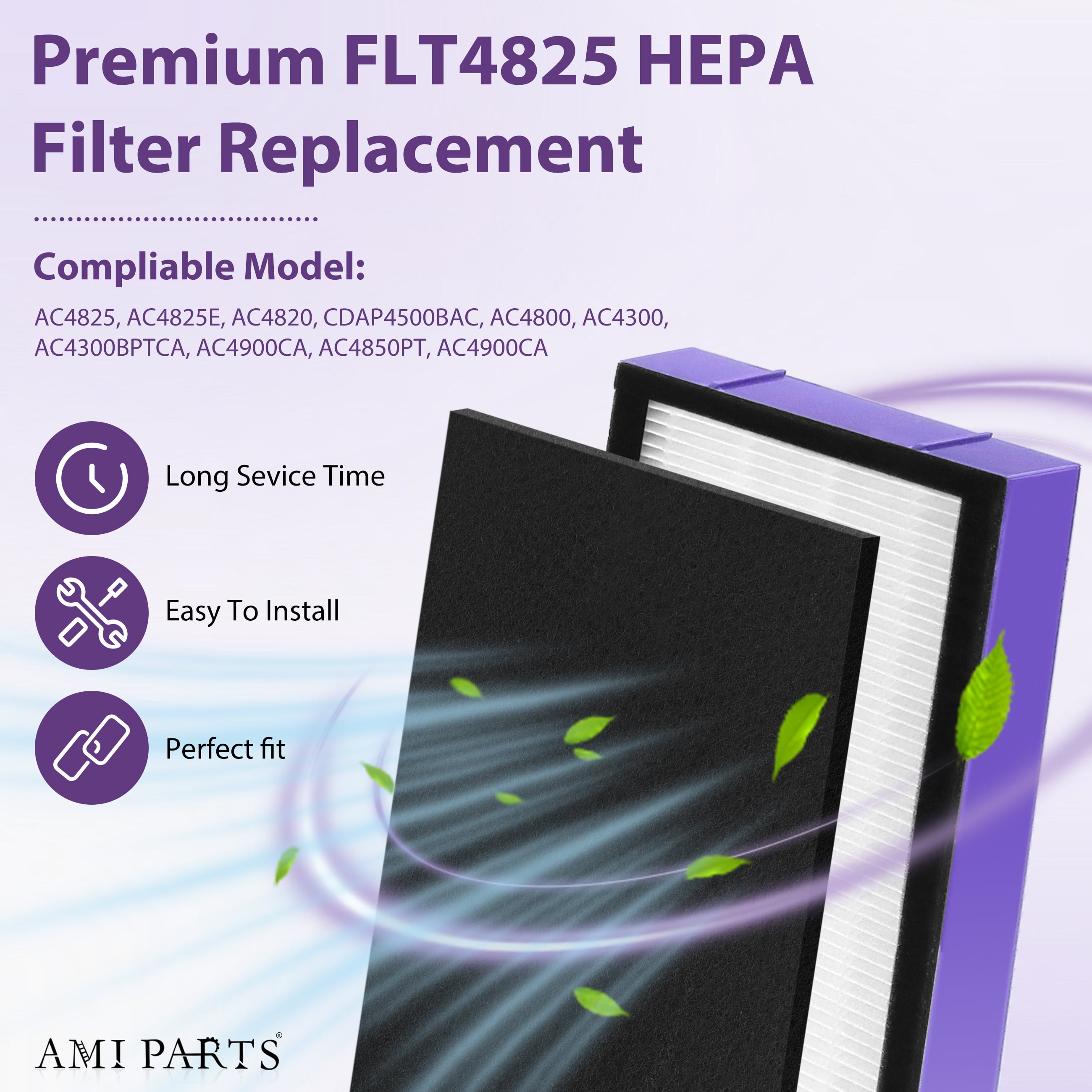 AMI PARTS FLT4825 True HEPA Filter B Replacement Activated Carbon Pre-Filters Compatible with Air Purifier AC4825 AC4300, AC4900, AC4800