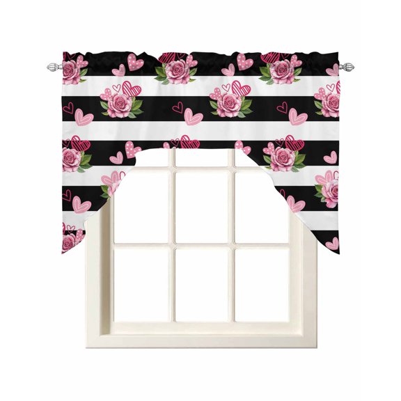 Pink Roses Swag Valances for Windows, Small Curtains Drapes, Valentine's Day Love Flowers Stripes Rustic Kitchen Window Curtains Over Sink Window Treatment Valance for Bedroom/Bathroom 56"x36"
