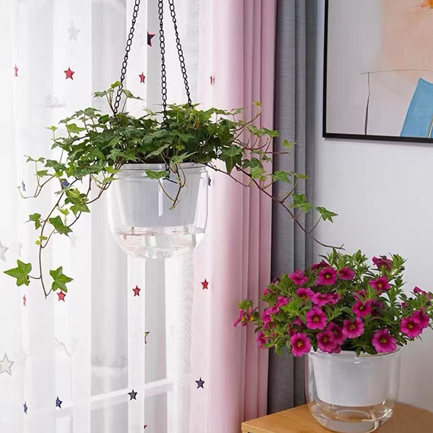 2 Pack Self Watering Hanging Planters Indoor Flower Pots, 6.5 Inch Outdoor Hanging Basket, Plant Hanger with Hooks Drainage Holes for Garden Home