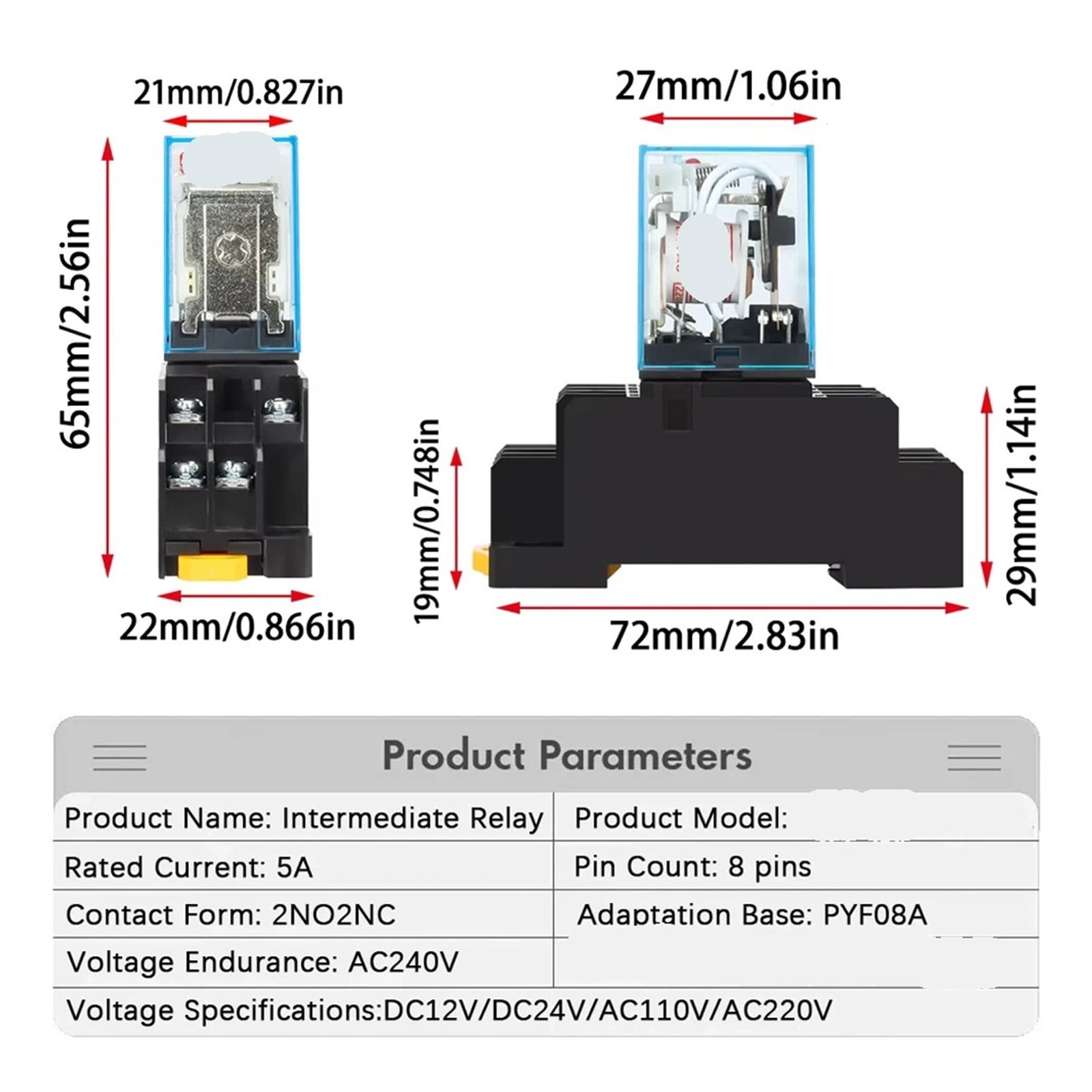 EJYWPSWD 5a My2nj My4nj Din Rail Small Electromagnetic Relay Coil Power Relay Dc12v Dc24v Ac24v Ac110v Ac220v with Socket Base 2no 2nc