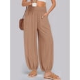 thumbnail image 4 of Women Cotton Palazzo Pants Summer Boho Wide Leg High Waist Casual Lounge Pant Vacation Outfits Camel Color M, 4 of 7