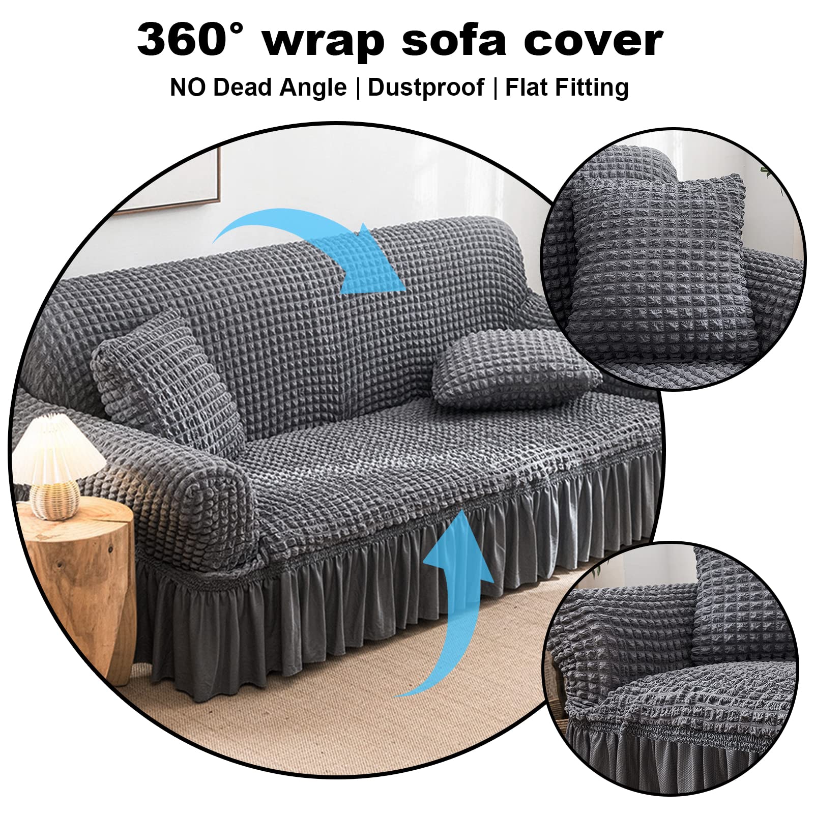 Sofa Slipcover Gray Sofa Cover 1 Piece Easy Fitted Sofa Couch Cover Universal High Stretch Durable Furniture Protector with Skirt (3 Seater, Gray) - image 3 of 8