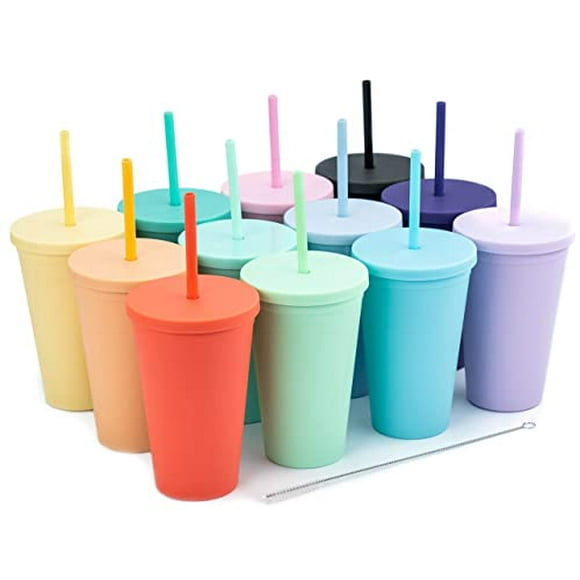 Gobelets avec Couvercles (12 pack) Tasses Acryliques Colorées de 16oz avec Couvercles et Pailles Gobelets en Plastique Mat à Double Paroi avec Nettoyeur de Paille Gratuit! Vinyle Personnalisable Cadeaux DIY (Assorti)