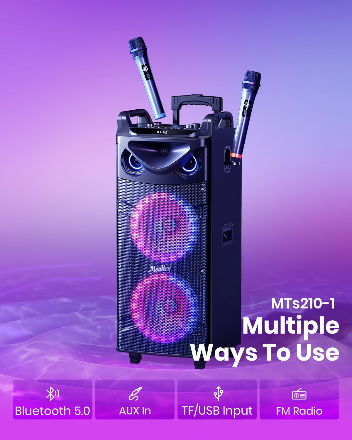 Moukey Karaoke Machine, Double 10" Woofer PA System for Party, with 2 Wireless Microphone, Disco Lights