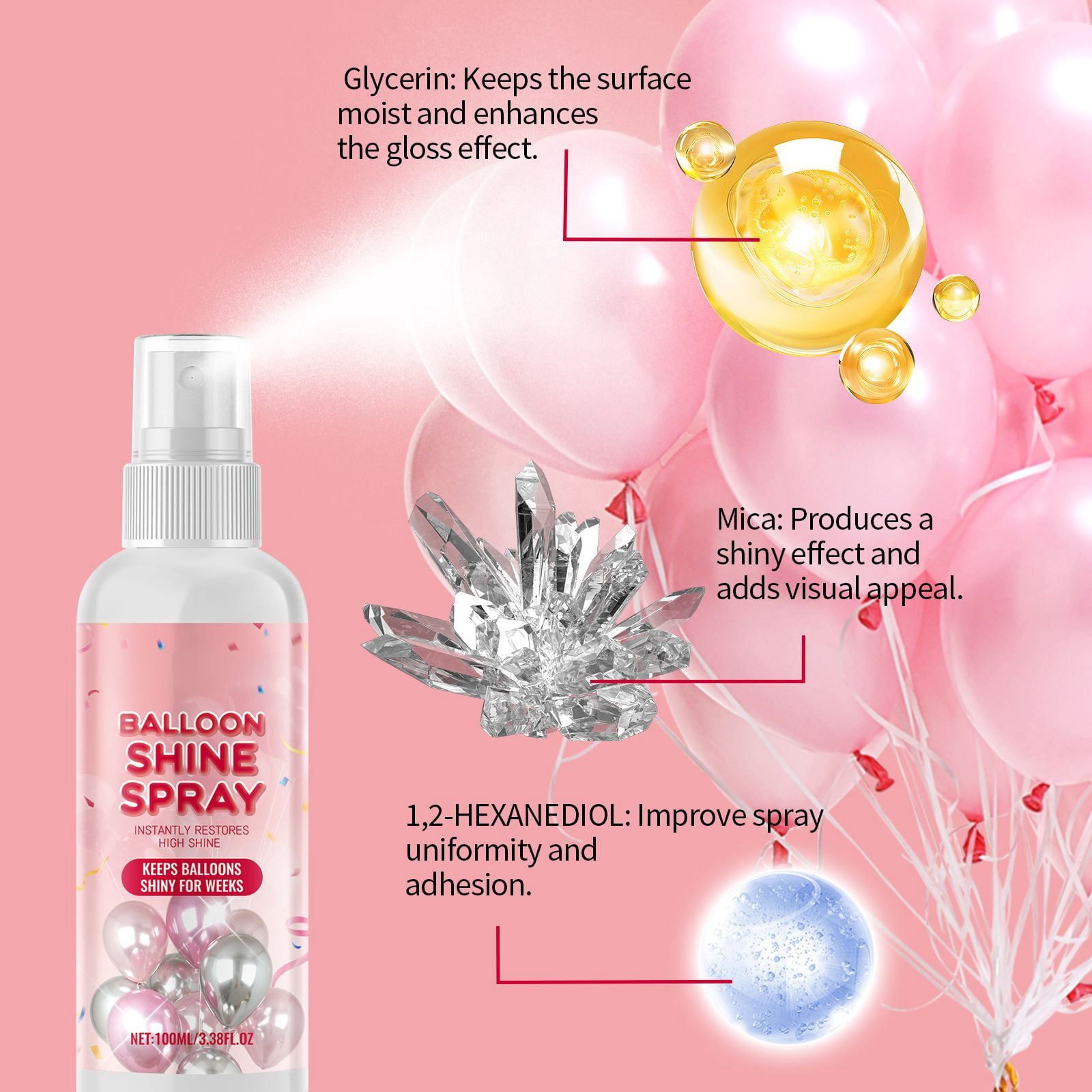 Alvantor Balloon Shine Spray for Latex, Quick Dry High Gloss Party Decor, Waterproof Shimmer, 3.38fl oz