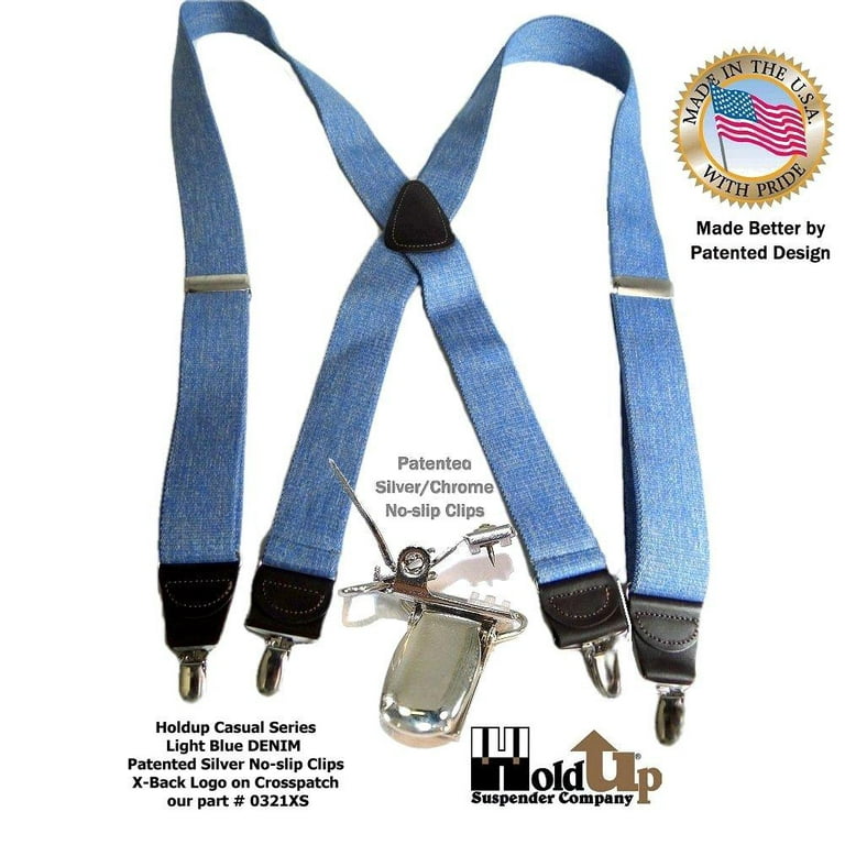 Holdup Brand USA made Double-Ups Style Men's Suspenders in a light Blue  Denim Color and Y-Back crosspatch