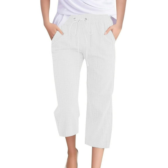AherBiu Capri Pants for Women Summer Lightweight Straight Leg Drawstring High Waisted Lounge Capris Slacks with Pockets
