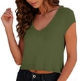 thumbnail image 4 of Htigea Cropped T-Shirts for Women Short Sleeve V Neck Basic Tees Soft Comfy Summer Daily Tops Green L, 4 of 6