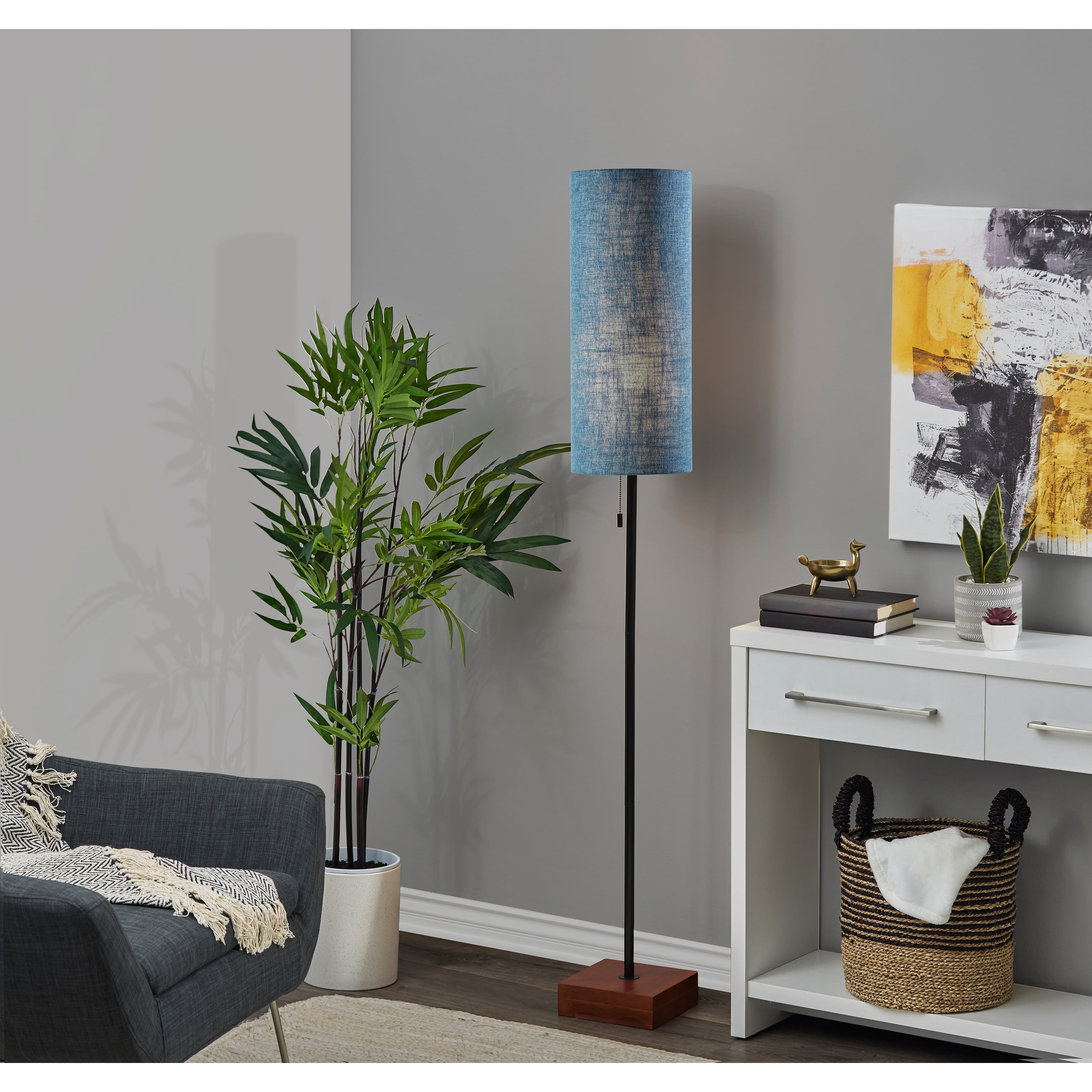Adesso Trudy Floor Lamp Black, Wood Base, Mustard Yellow Textured Fabric Shade