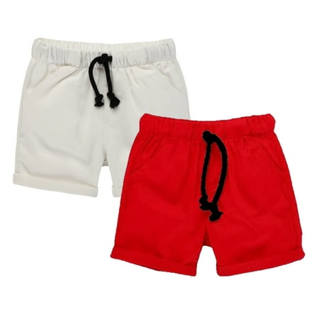 HILEELANG Baby Boys' Shorts 2-Pack Chino Short Summer Cotton Casual Pants with Pockets White Red 2t