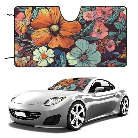 PHYHOO Abstract Groovy Flower Summer Beach Car Windshield Sunshade Auto Front Windshield Sun Shade- Hawaiian Tropical Cars Window Sunshade Blocks UV Rays Sun Visor Protector 51x28in