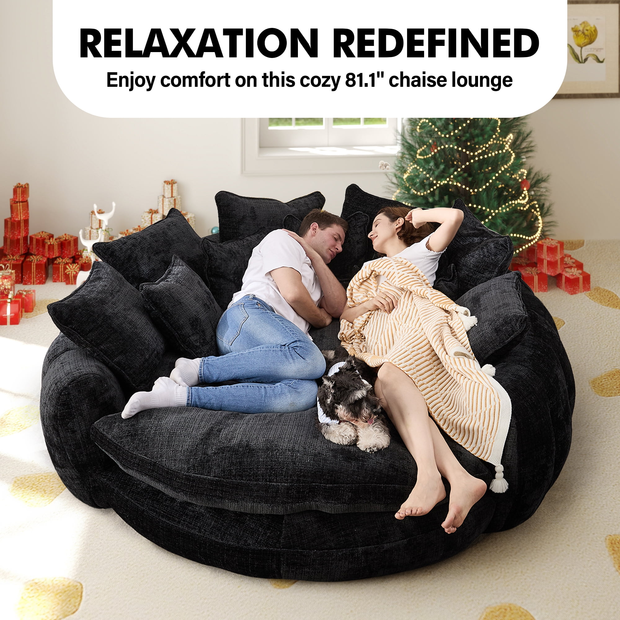 Aukfa 81" Oversized Round Chaise Lounge Sofa Bed, Modern Chenille Cloud Couch with Deep Seat, 14 Pillows, Assemble-Free, Black