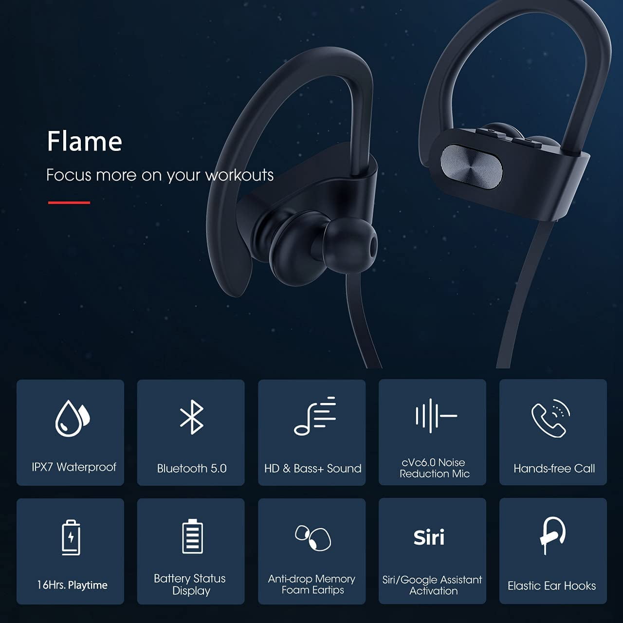 Flame Running Headphones w/16 Hrs Playtime Gym w/CVC6.0 Noise Cancelling Mic Bass+ HD Stereo Wireless Sports Earphones w/IPX7 Waterproof Earbuds in Ear for Workout Bluetooth Headphones V5.0 