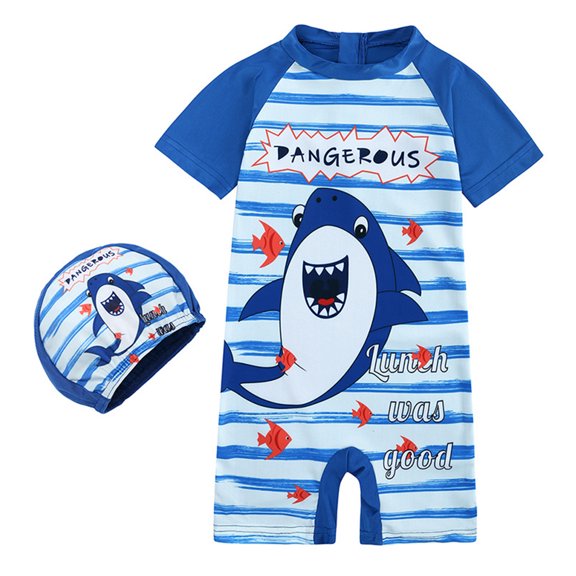 MXIEZI 12M-8T Boys Girls One Piece Bathing Suit Summer Unisex Baby Zipper Swimwear Toddler Kids Short Sleeve Swimsuits with Swim Cap UV 50 Bathing Suits