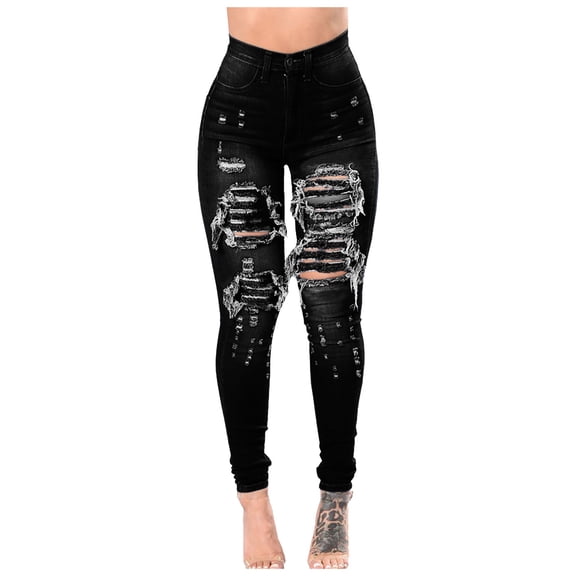 Fengqque Women's High Waisted Skinny Destroyed Ripped Hole Denim Pants Long Stretch Jeans for Women Light Blue-B 10(XL)