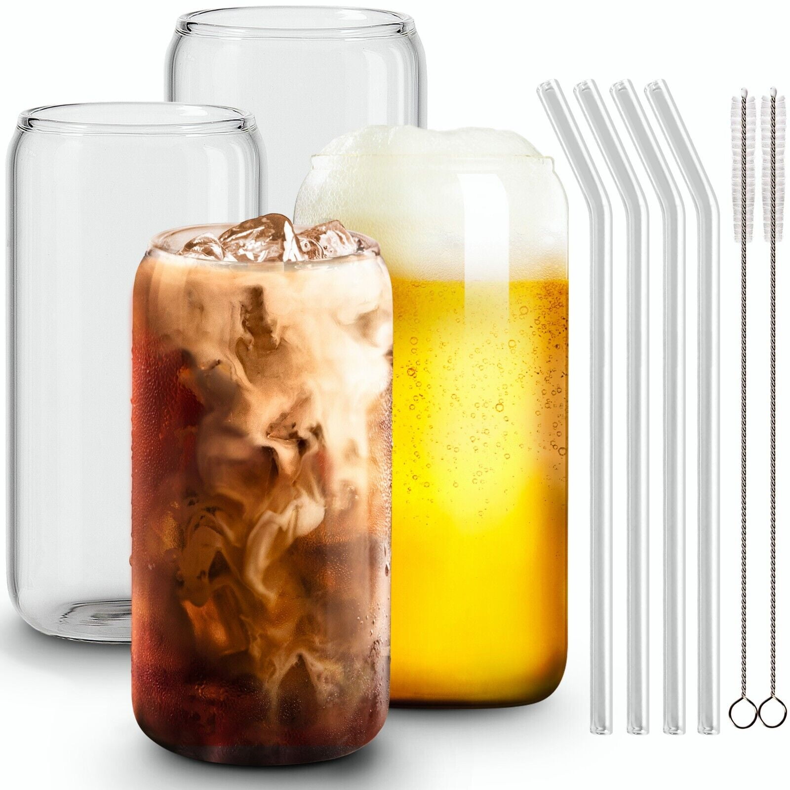 Drinking Glasses with Glass Straw Set of 4, Combler 16oz Can Shaped Glass Cups, Beer Glasses, Iced Coffee Glasses, Gift - 2 Cleaning Brushes