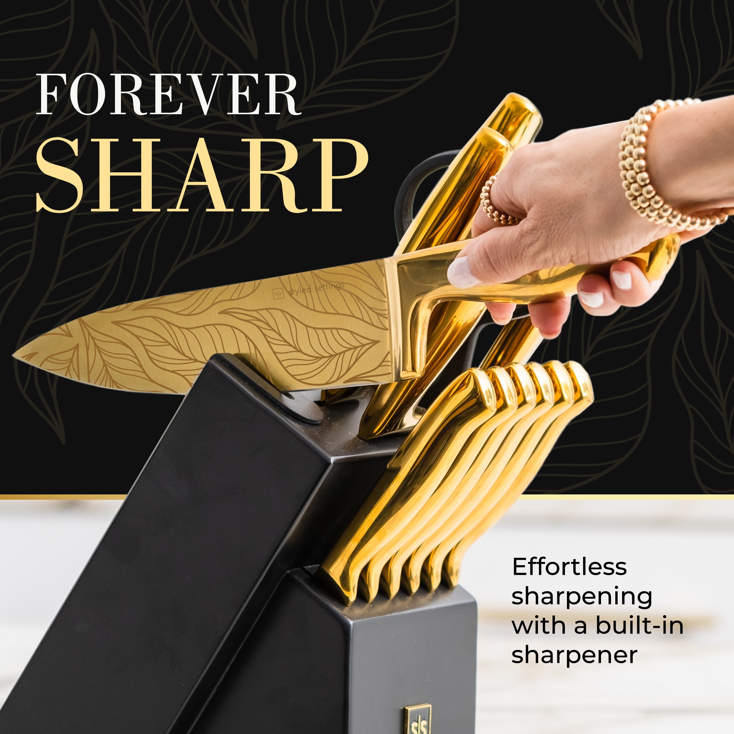 Styled Settings 14-Piece Gold Knife Set with Block and Built-In Sharpener, Titanium-Coated Blades with Leaves Pattern, Black Block