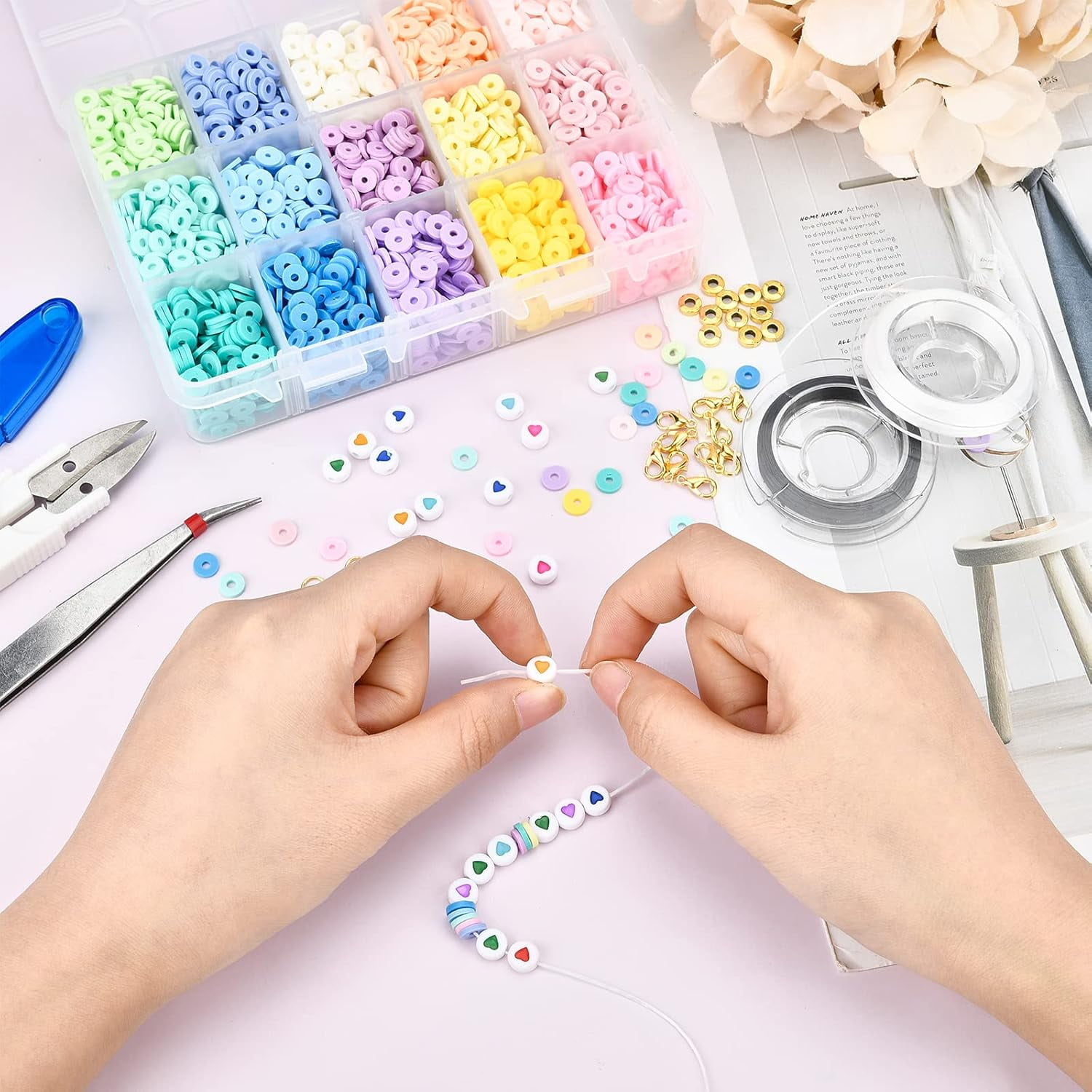 4350 Pcs Polymer Clay Bracelets Kit 15 Colors 6mm Clay Beads 30 Pcs Metal Spacer 50 Pcs Heart Beads 2 Rolls Elastic Thread 20 Pcs Clasps 50 Pcs Jump Rings 2 Pcs Tools for Jewelry Making Multi-color