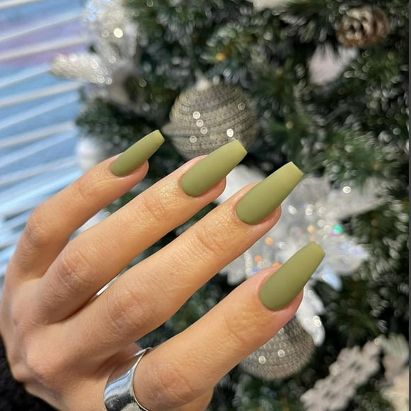 TRAHOO-Matte Light Green Press on Nails Medium Long Square, Pure Solid Colors Coffin Nails Press on Acrylic Fake Nails Natural Thick Glue on Nails, DIY Salon Manicure Nail Art