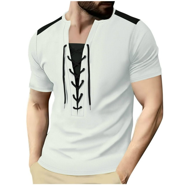 Kyusrd Summer Tops for Men Shirt Men's Casual Color Blocked With Drawstring Round Neck Pullover Short Sleeve
