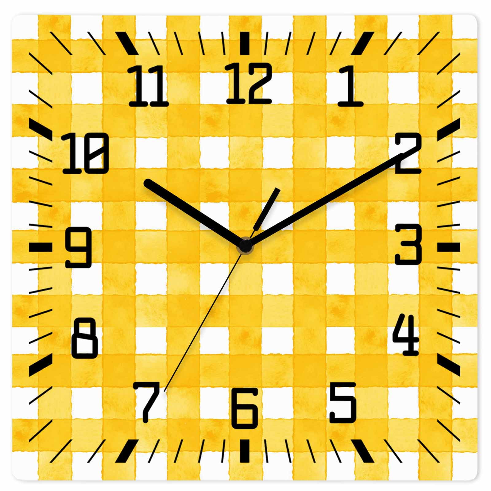Yellow Plaid Wooden Wall Clock Silent Non Ticking Watercolor Grid Checker Gingham Farmhouse Square Wall Clocks Battery Operated Decor Clock for Home Office Living Room Kitchen 10 Inch