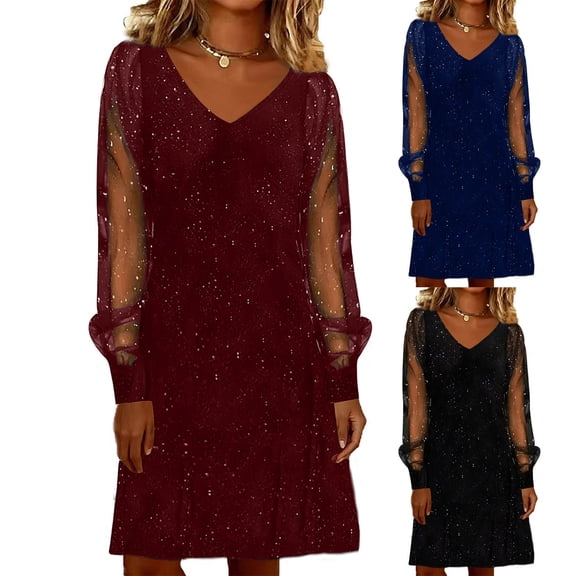 THDHVS Long Sleeve Dress for Women,Wedding Guest Dress,Women Metallic Mesh Panel Long Sleeve Dress Shimmer Detail for Party Wear Wine
