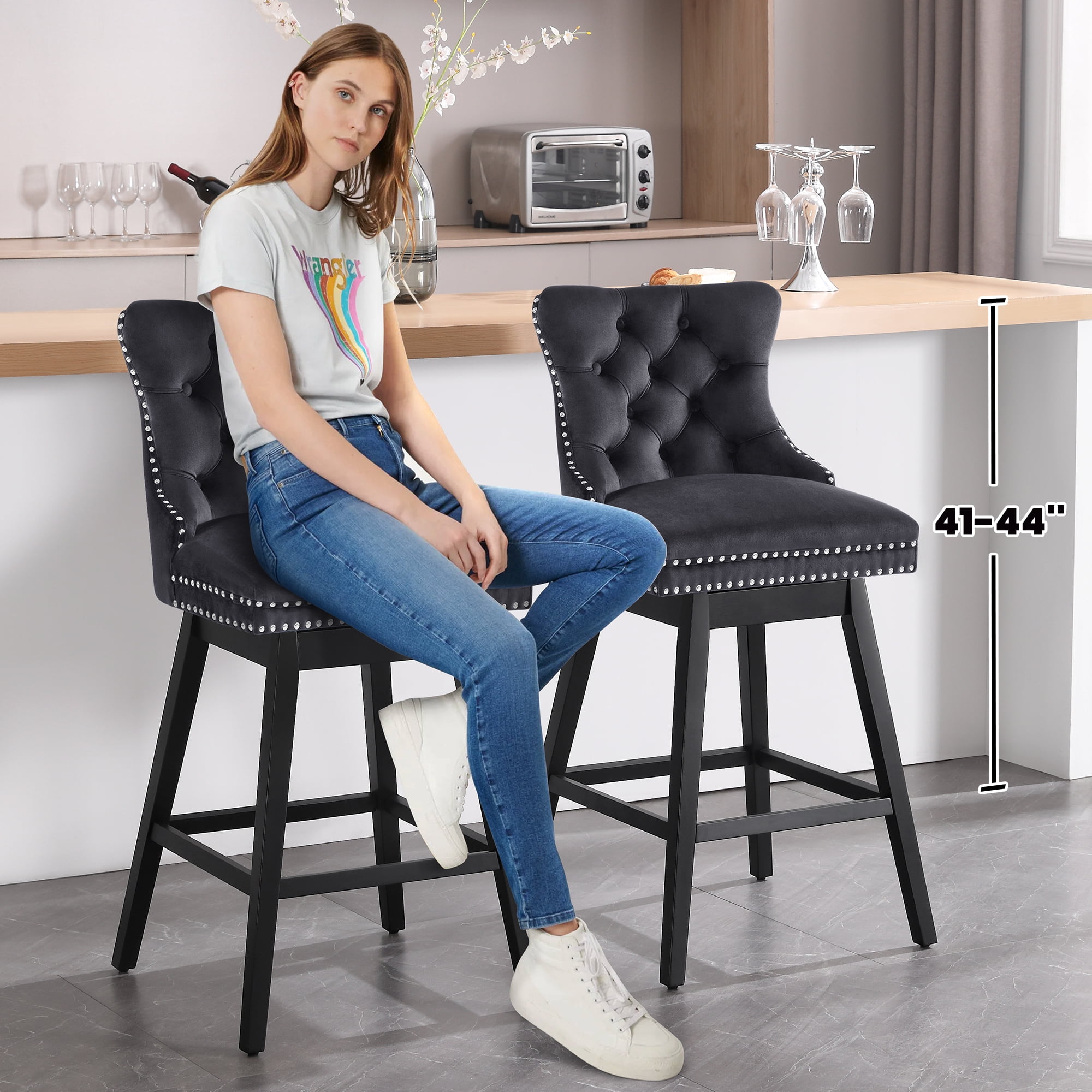 Tewloss 30" Swivel Bar Stools Set of 4 With Back Velvet Bar Height Chairs for Home Kitchen, Black