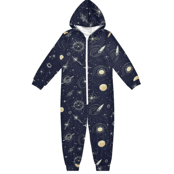 Space Themed Pattern One Piece Pajamas Soft Jumpsuit Cozy Sleep and Play Romper Zipper and Pockets 4T