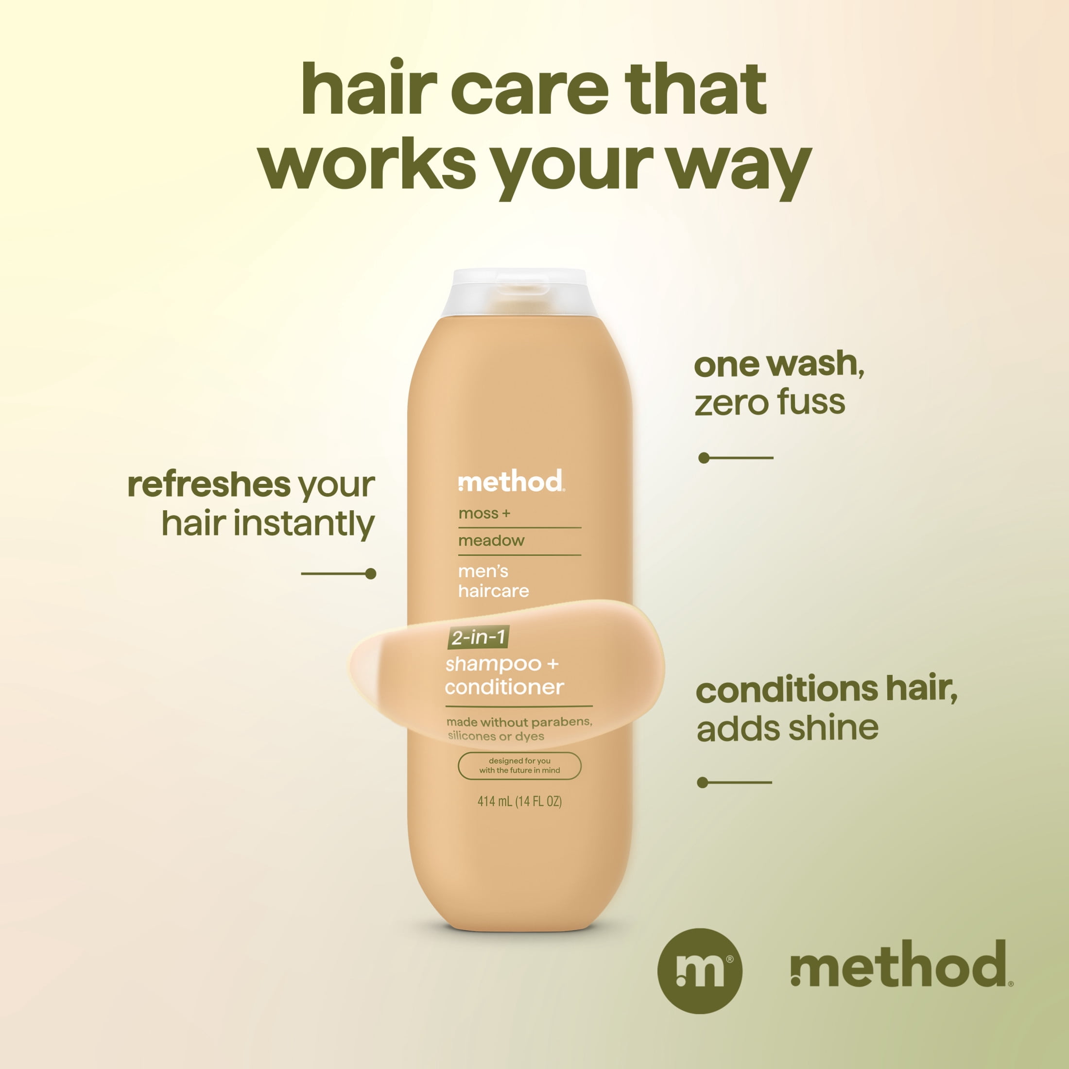 method Men 2-in-1 Shampoo and Conditioner, Moss + Meadow,  Cleans and Conditions with Argan and Jojoba Oil - Made without Parabens - 14 fl oz