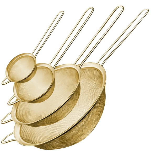 ZHUYING Fine Mesh Strainer 4PCS, Versatile Kitchen Strainer with Handle - 7", 5", 3.3", 2.8" Sieve Fine Mesh Stainless Steel, Metal Strainers and Sifters for Rice, Quinoa, Tea, Cocktail,  Gold