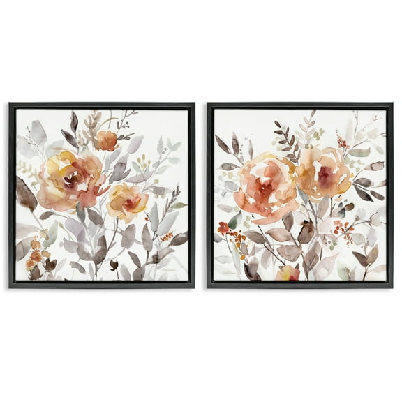 Stupell Industries Brushed Abstract Blossoms Plants & Flowers Painting Black Floater Framed Canvas Art Print Wall Art, 18 x 18, Set of 2