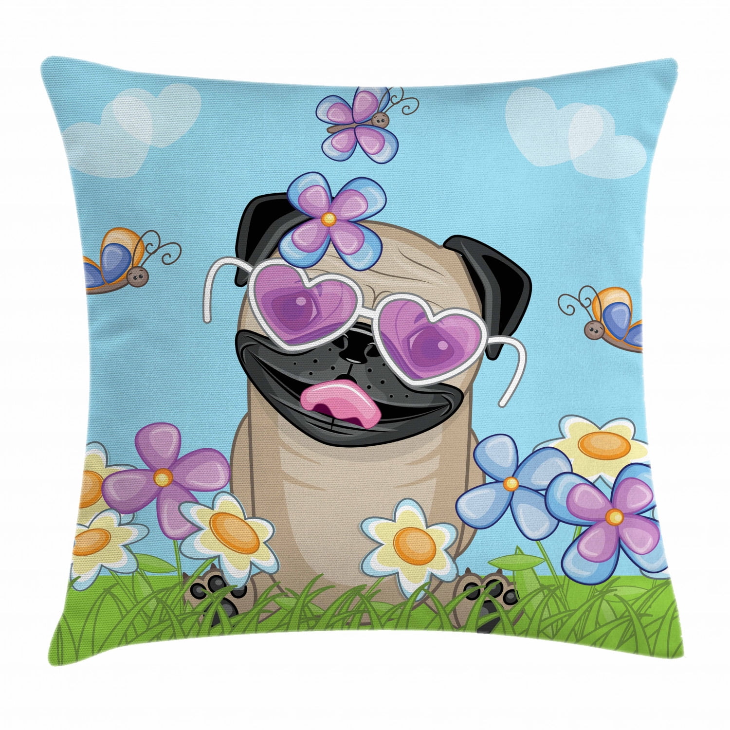 Pug Throw Pillow Cushion Cover, Adorable Puppy on the Field Flowers