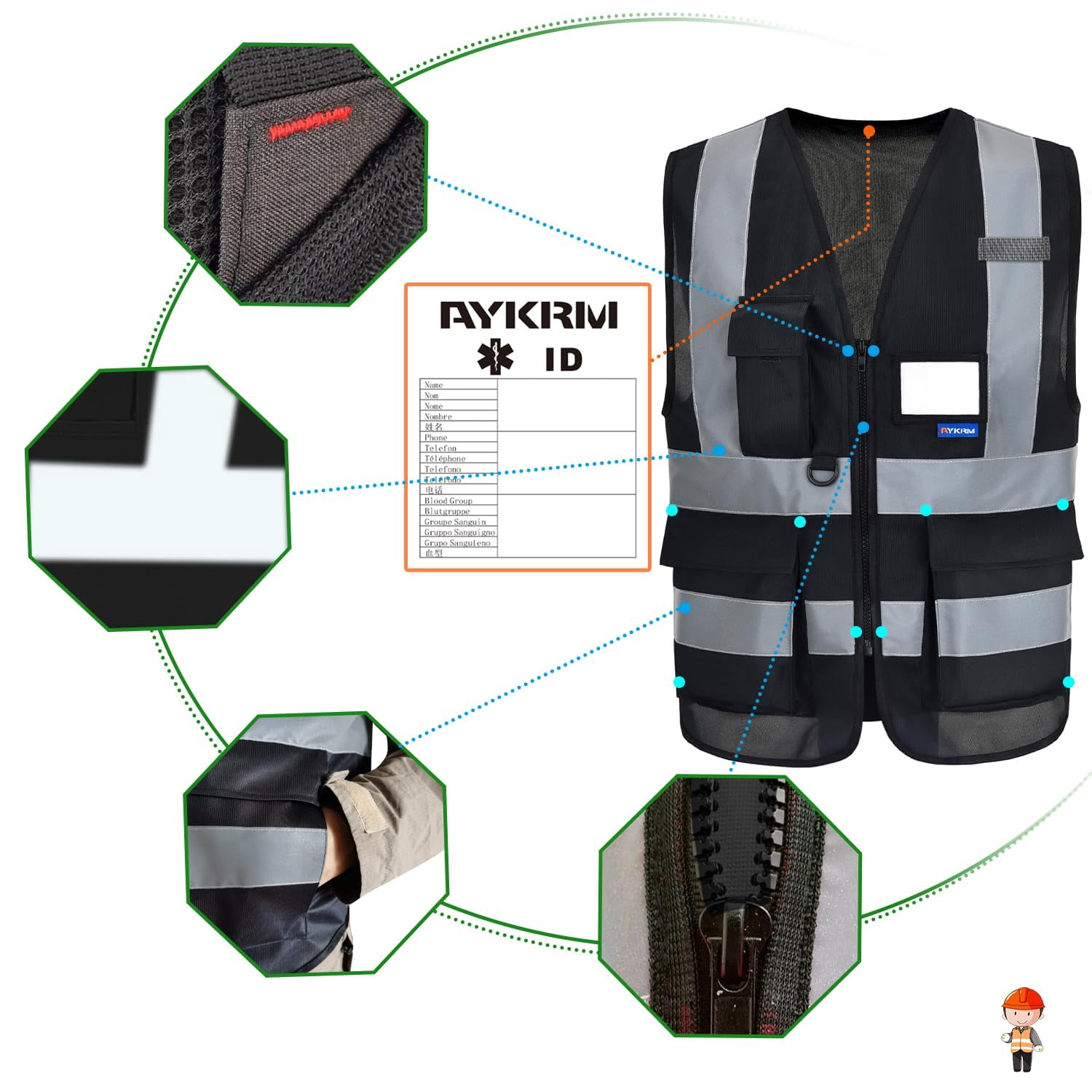 A-SAFETY Reflective Security Safety Vests Heavy Duty with 7 Pockets and Front Zipper