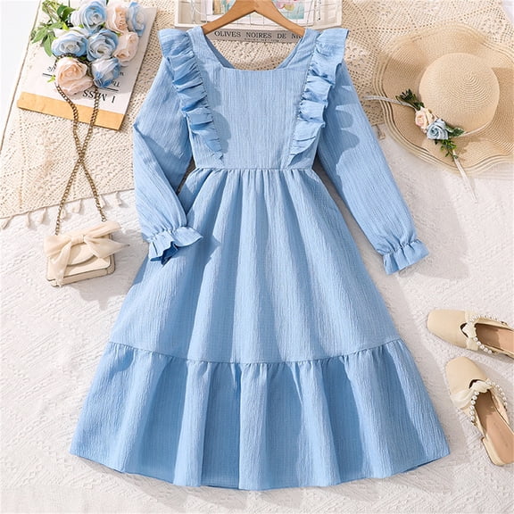FAOWME Big Child Girls Dress Long Sleeve Solid Color Backless Bow Design Elegant Stylish Dresses For Casual Daily Wear Blue 7-8 Years