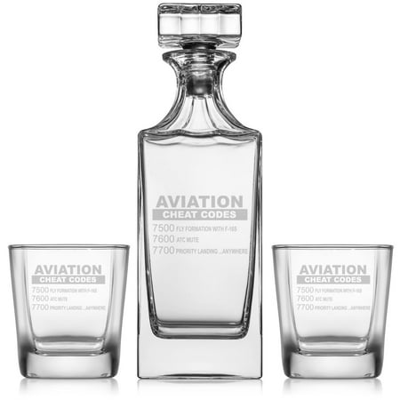 

Whiskey Decanter Gift Set With 2 Whiskey Old Fashioned Rocks Glasses Aviation Cheat Codes Funny Pilot