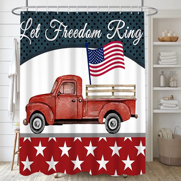 72x72inch Let Freedom Ring Patriotic Theme Shower Curtain American Flag Retro Red Truck Bath Curtain Decor 4th of July American Home Hotel Bathroom Bathtub Polyester with Hooks