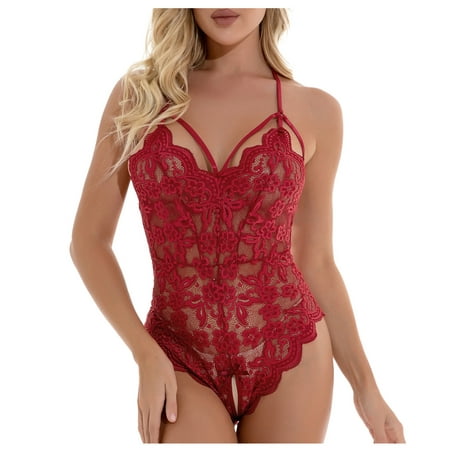 

WGOUP Women s Sheer Lace Mesh Insert Strappy Teddy V Neck Lingerie Babysuit Wine(Buy 2 Get 1 Free)