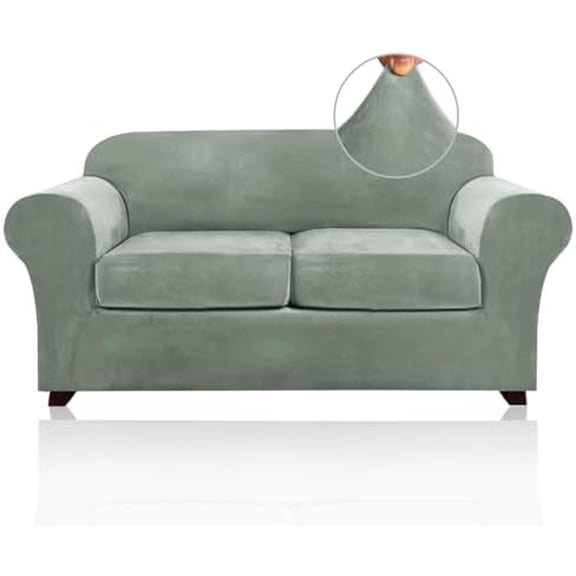 Velvet Couch Cover Loveseat Covers for 2 Cushion Couch 3 Piece Sofa Covers for Dogs Washable Loveseat Covers Width Up to 72 Inch No Slip Stretch Sofa Slipcover(Medium, Seagrass)