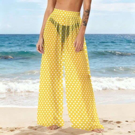 ICHUANYI Women's Summer Chiffon Lightweight Bathing Suit Cover Up Bohemian Style Printed Swim Beach Pants Wide Leg Swimsuit Coverup Pants