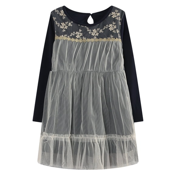 Richie House Girls' Long Sleeve Dress with Mesh Covered Bottom RH1627