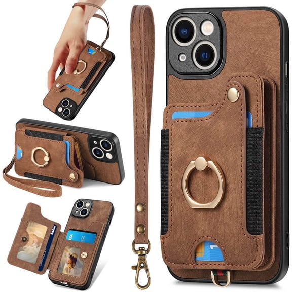 for iPhone 14 Plus Case Card Holder Wallet,Ring Holder Stand,RFID-Blocking,Wrist Strap,Camera Protector,Leather Shockproof Protective Flip Cover 14 Plus Phone Case 2023 (Brown)