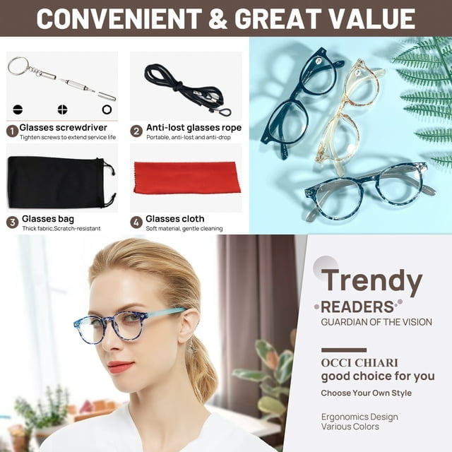 OCCI CHIARI Lightweight Designer Acetate Frame Stylish Reading Glasses for Women with Acrylic Clear Lens (Purplish Blue,1.00)