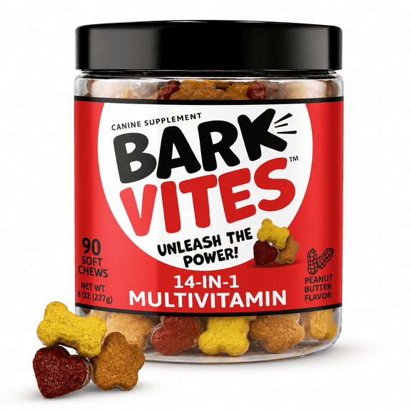 BarkVites 14-in-1 Multivitamin Soft Chews for Dogs - Turmeric, Quercetin, Yucca Schidigera, Beta Carotene, Vitamins A, B1, B2, B5, B6, B12, D3, E, & Biotin, Digestive, Joint & Immune, NASC, 90ct