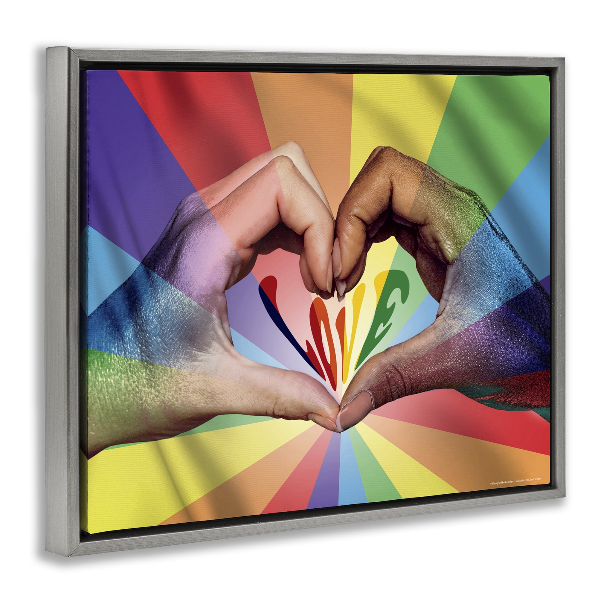 Stupell Industries Rainbow Love Hands Symbol People Painting Gray Floater Framed Canvas Art Print Wall Art, 21 x 17