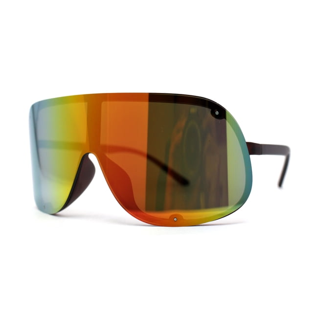Extra Oversized Curved Shield Robotic 80s Sport Sunglasses Matte Brown Rainbow Mirror