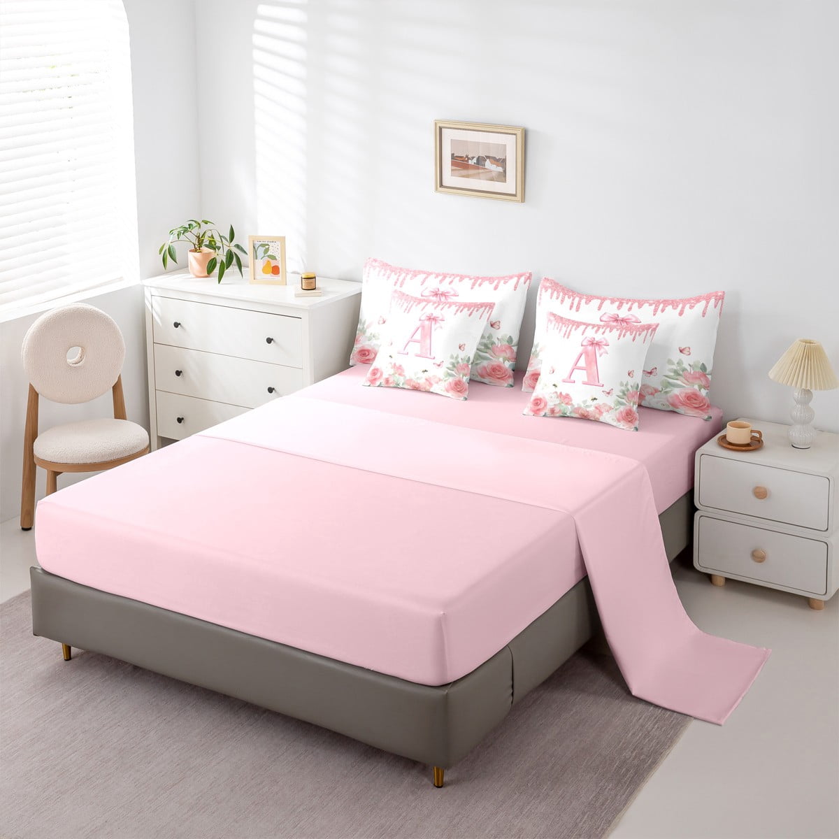 jejeloiu Monogrammed A Twin Bedding Sets 7-Piece,Retro Flower Butterfly Bedding Comforter Set,White Pink Bow Sheet Sets For Girl,Microfiber Room Decorative Reversible