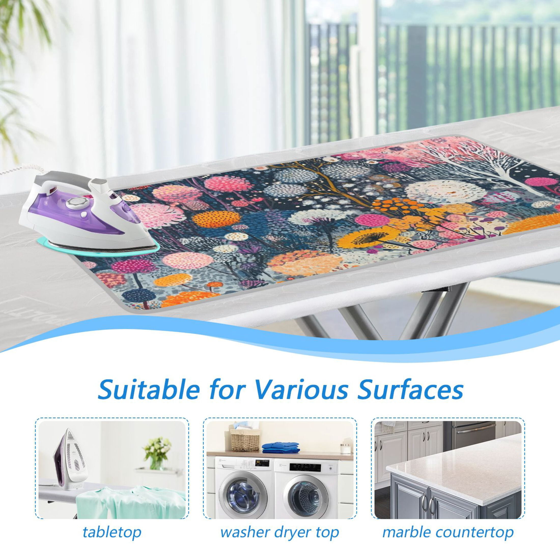 Colorful Flowers Blooming Ironing Mat Blanket for Table Top Travel Portable Ironing Board Pad 47.2x27.6 Inch