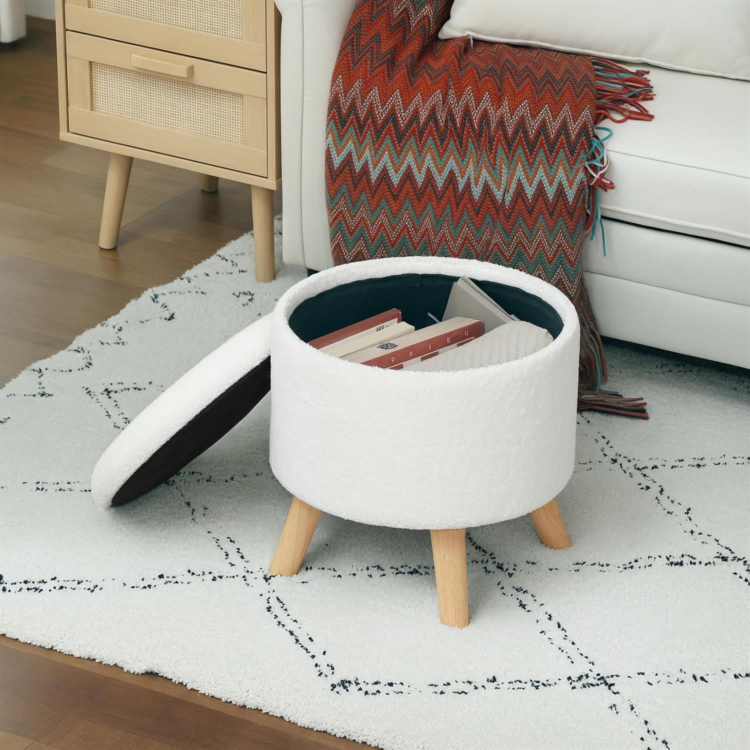 Demi Bonn 15" Ottoman Stool with Storage and Padded Seat, Round Footstool with Hidden Space and Wood Legs for Living Room, White