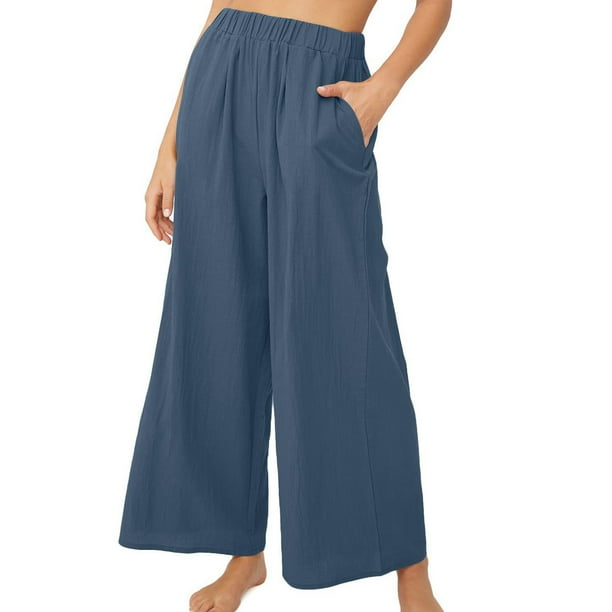 Blue high waisted wide leg trousers discount