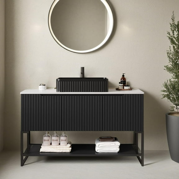 Ambrovina 48-Inch Freestanding Bathroom Vanity with Vessel Sink, 3 Doors, Open Shelf, Ceramic Basin, Carrara Stone Top